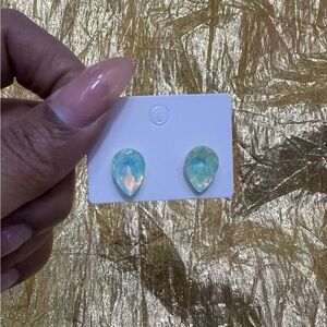 Floating Green Pear-Shaped Crystal Stud Earrings | Iridescent Glow